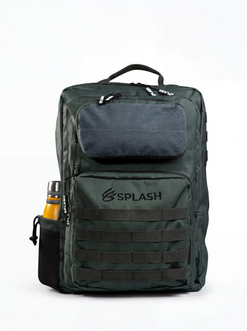 Splash30 45L tactical backpack in green, front view with MOLLE webbing and fleece patch panel