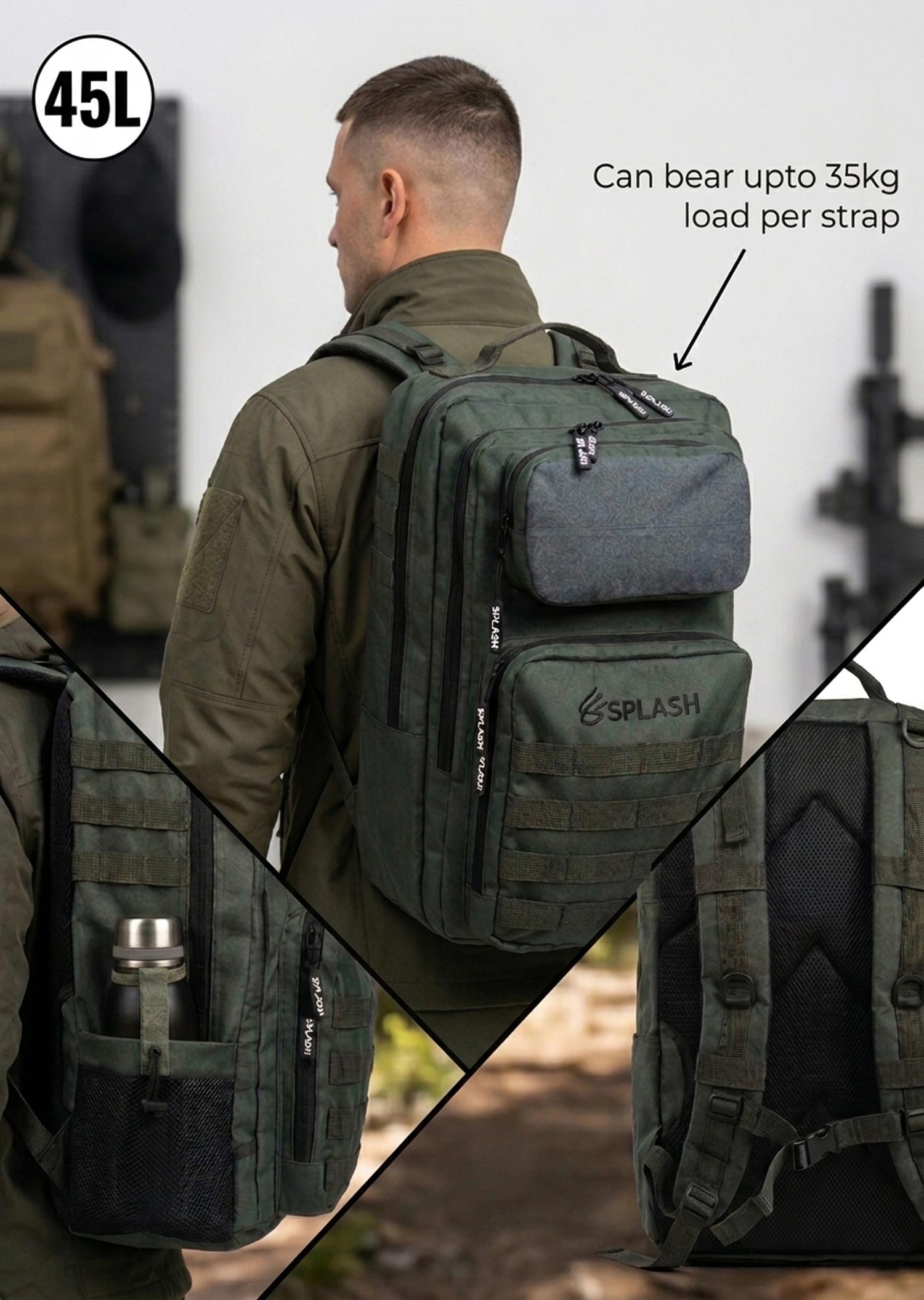 Green 45L tactical backpack worn on model showing fit, strap adjustment and silhouette