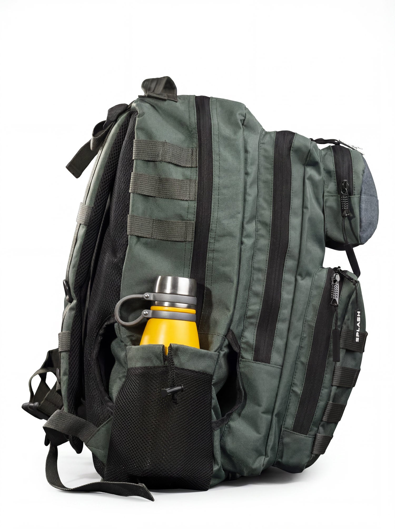 Side view of the green 45L tactical backpack with a water bottle in the mesh side pocket