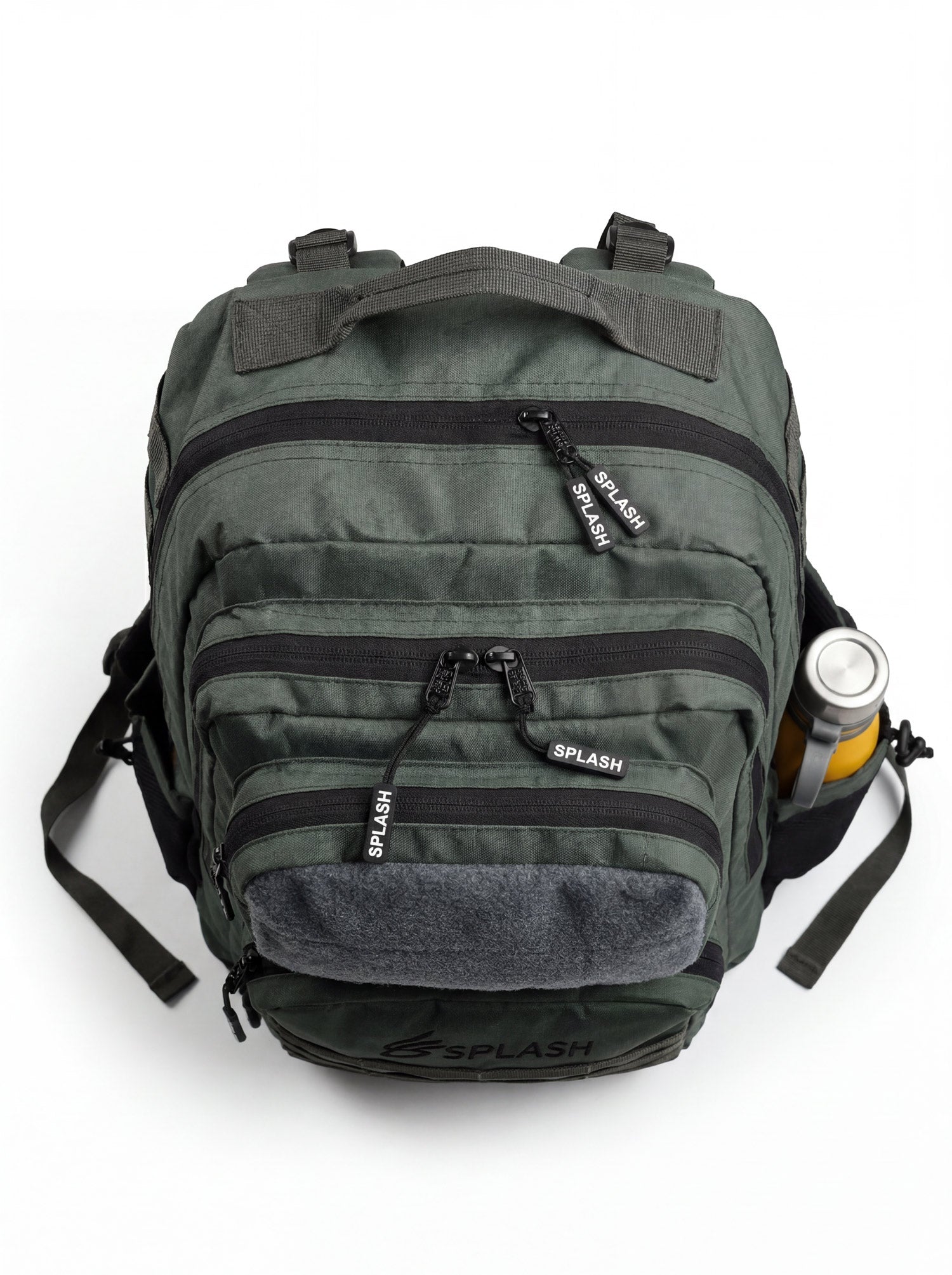 Top view of the green tactical backpack showing dual zippers and the reinforced haul handle
