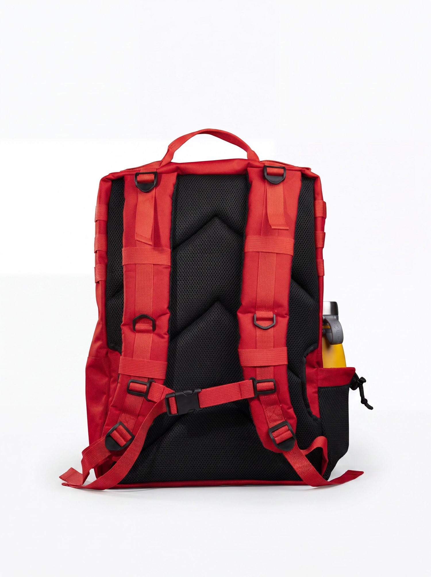 Back of the red Splash30 tactical backpack with chevron-quilted padded mesh and sternum buckle straps