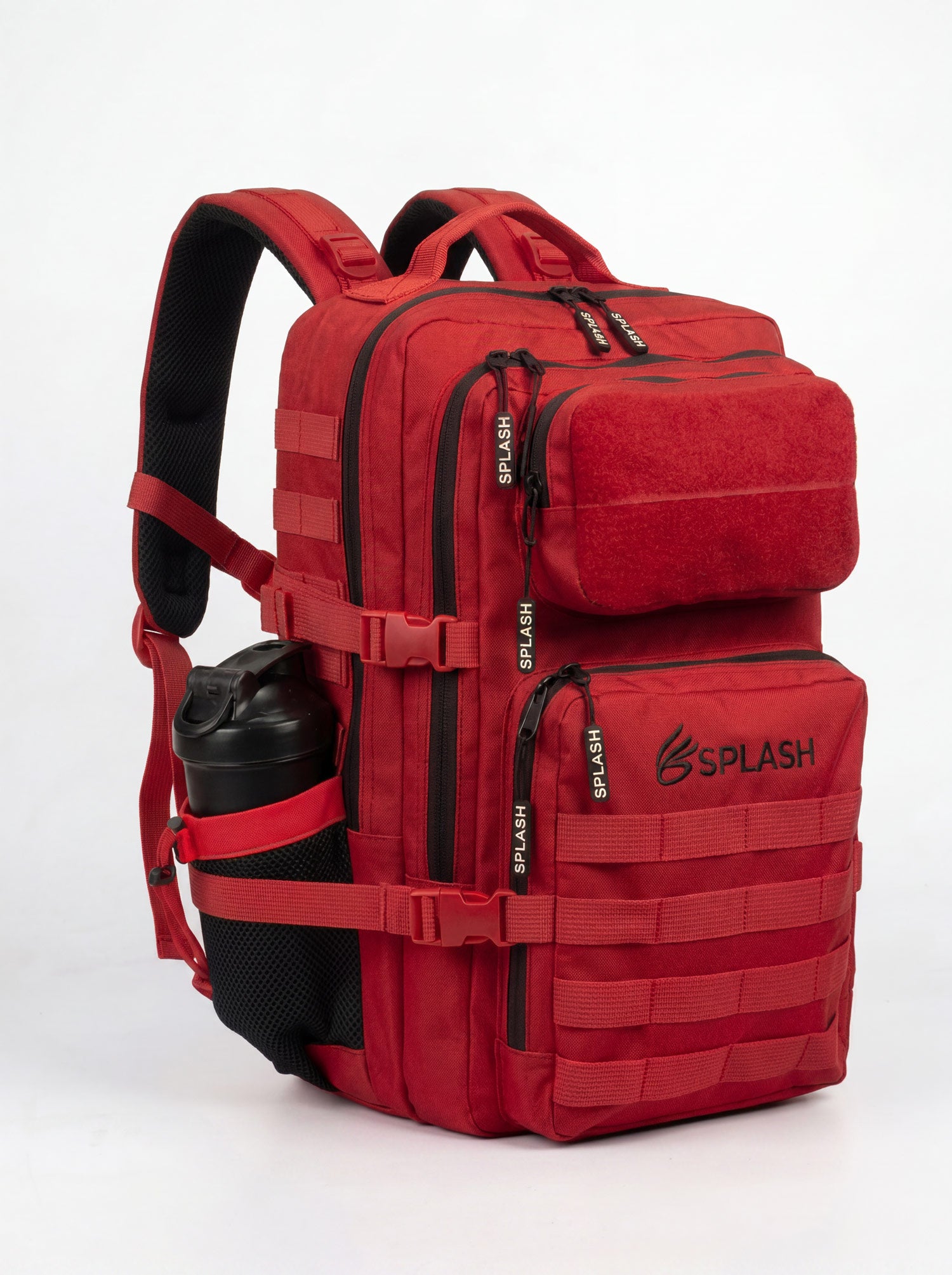 Front-angle view of the red 45L tactical backpack showing MOLLE rows and embroidered Splash logo