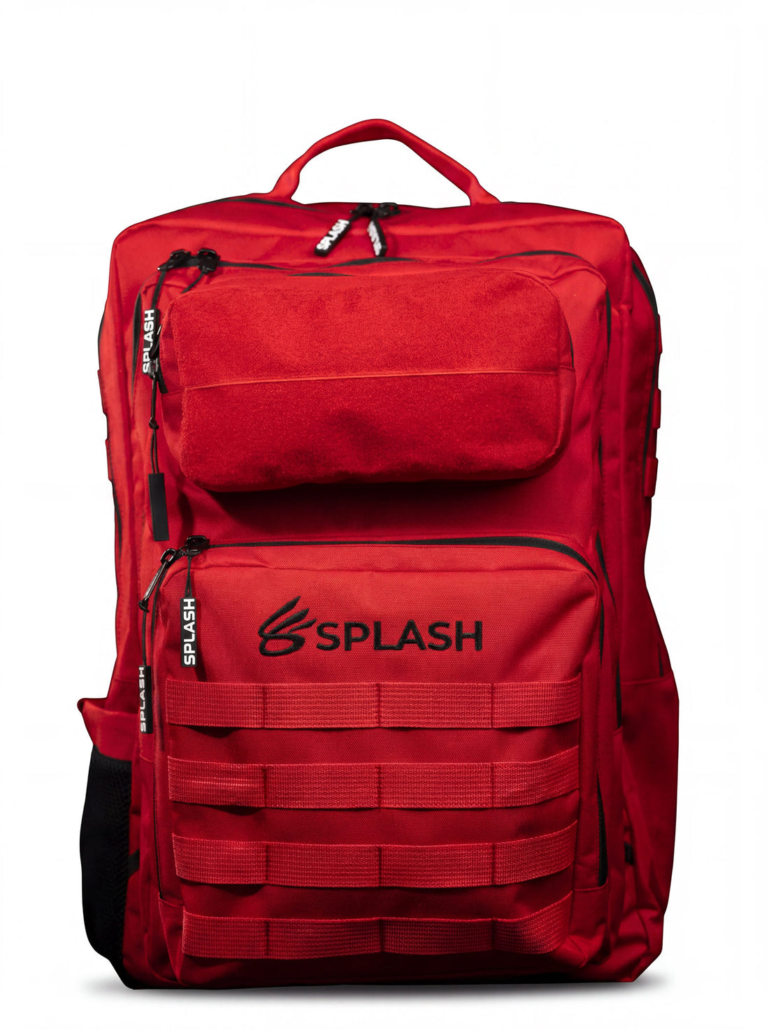 Splash30 45L tactical backpack in red, front view with MOLLE webbing and fleece patch panel