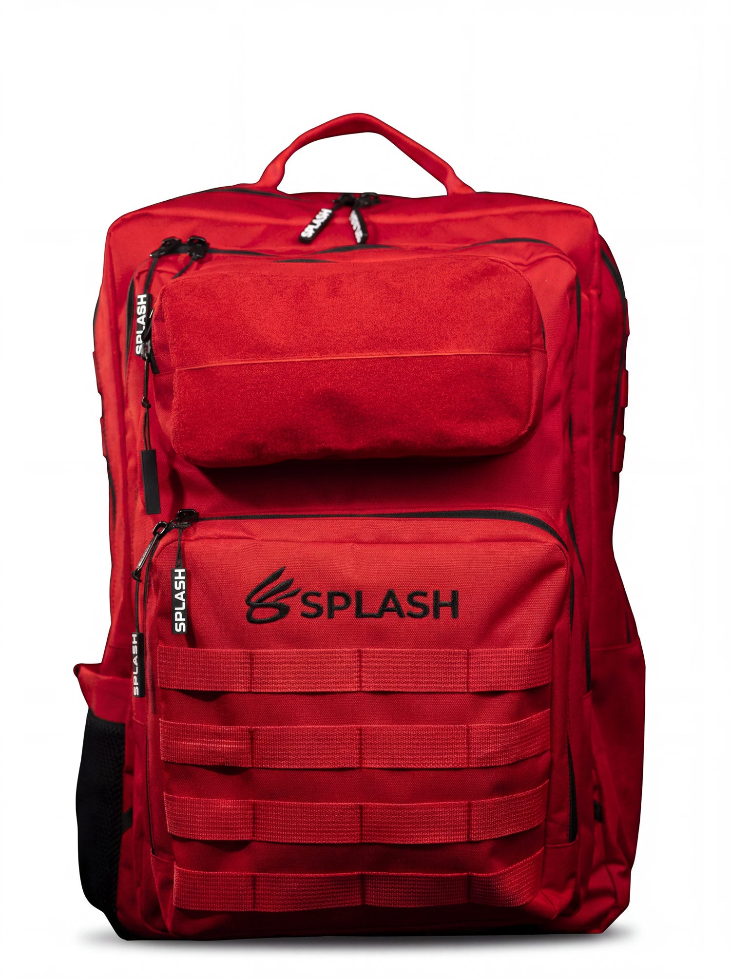 Splash30 45L tactical backpack in red, front view with MOLLE webbing and fleece patch panel