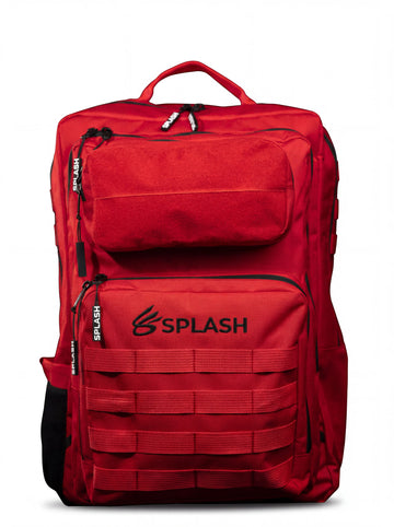 Splash30 45L tactical backpack in red, front view with MOLLE webbing and fleece patch panel