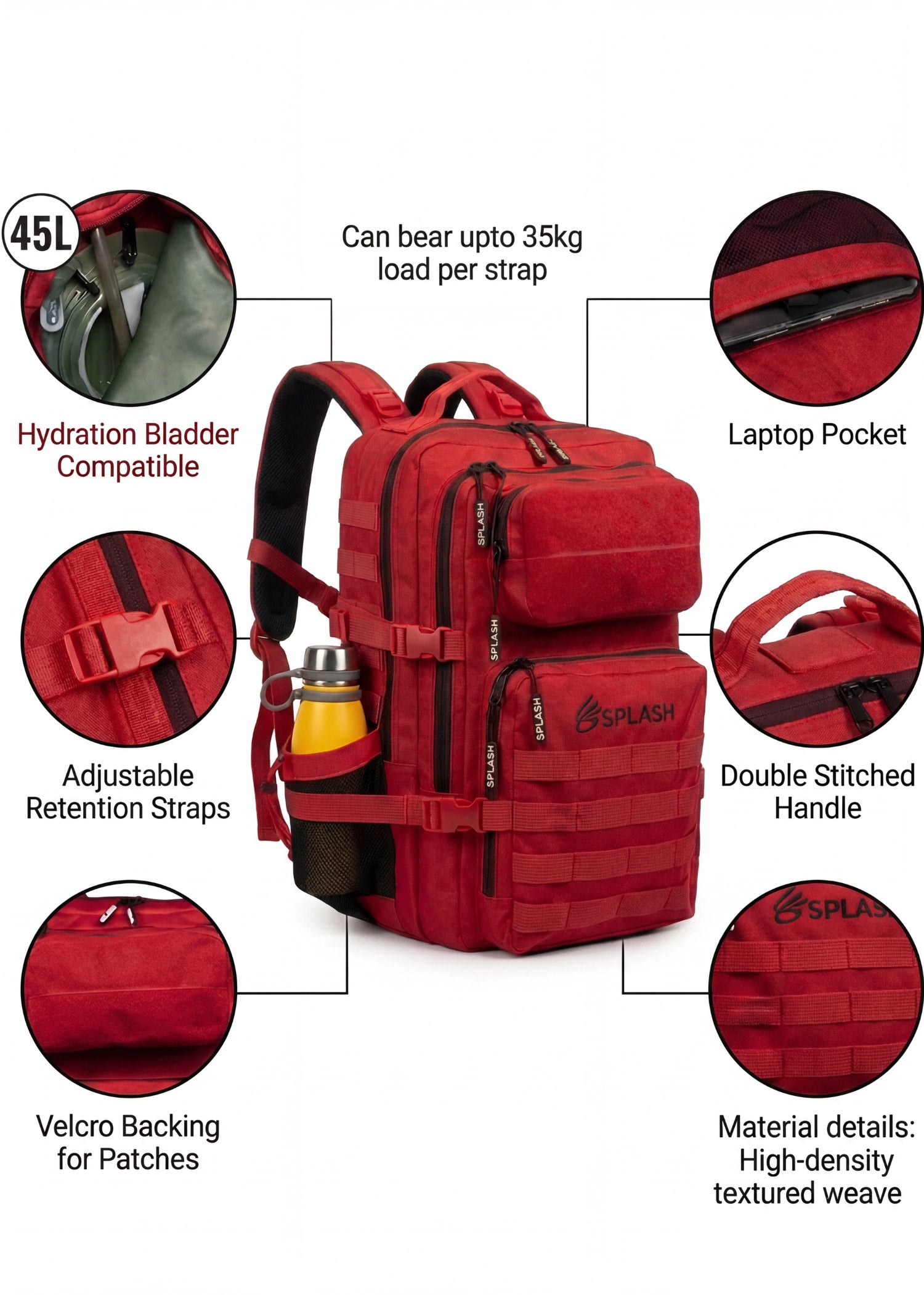Red tactical backpack feature callouts — hydration pocket, laptop sleeve, MOLLE webbing and patch panel