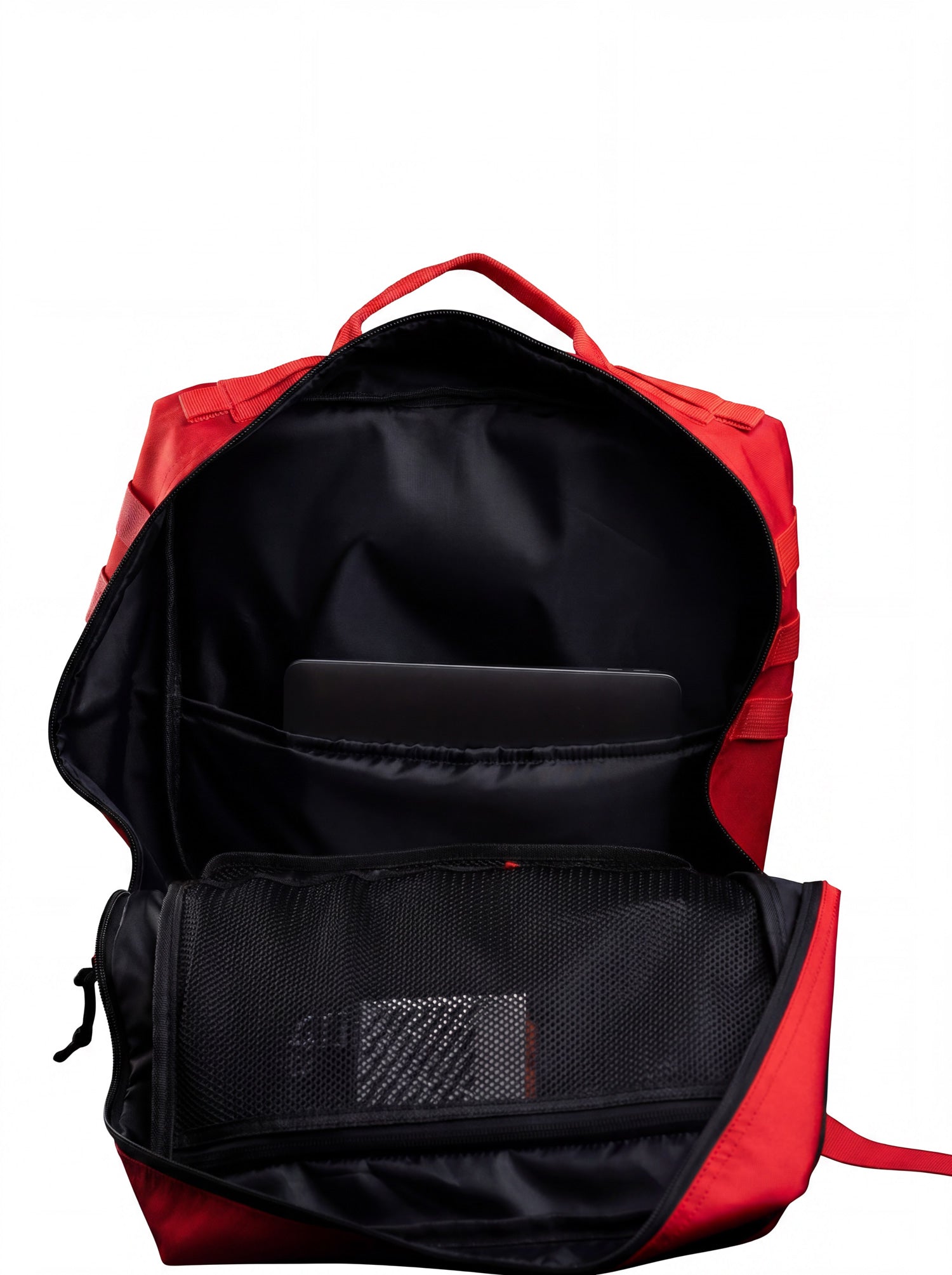 Open main compartment of the red 45L tactical backpack showing internal organiser pockets