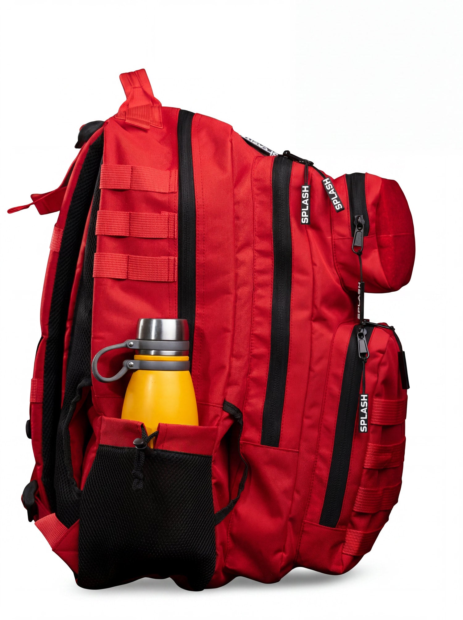 Side profile of the red tactical backpack showing the full MOLLE webbing column and structured base