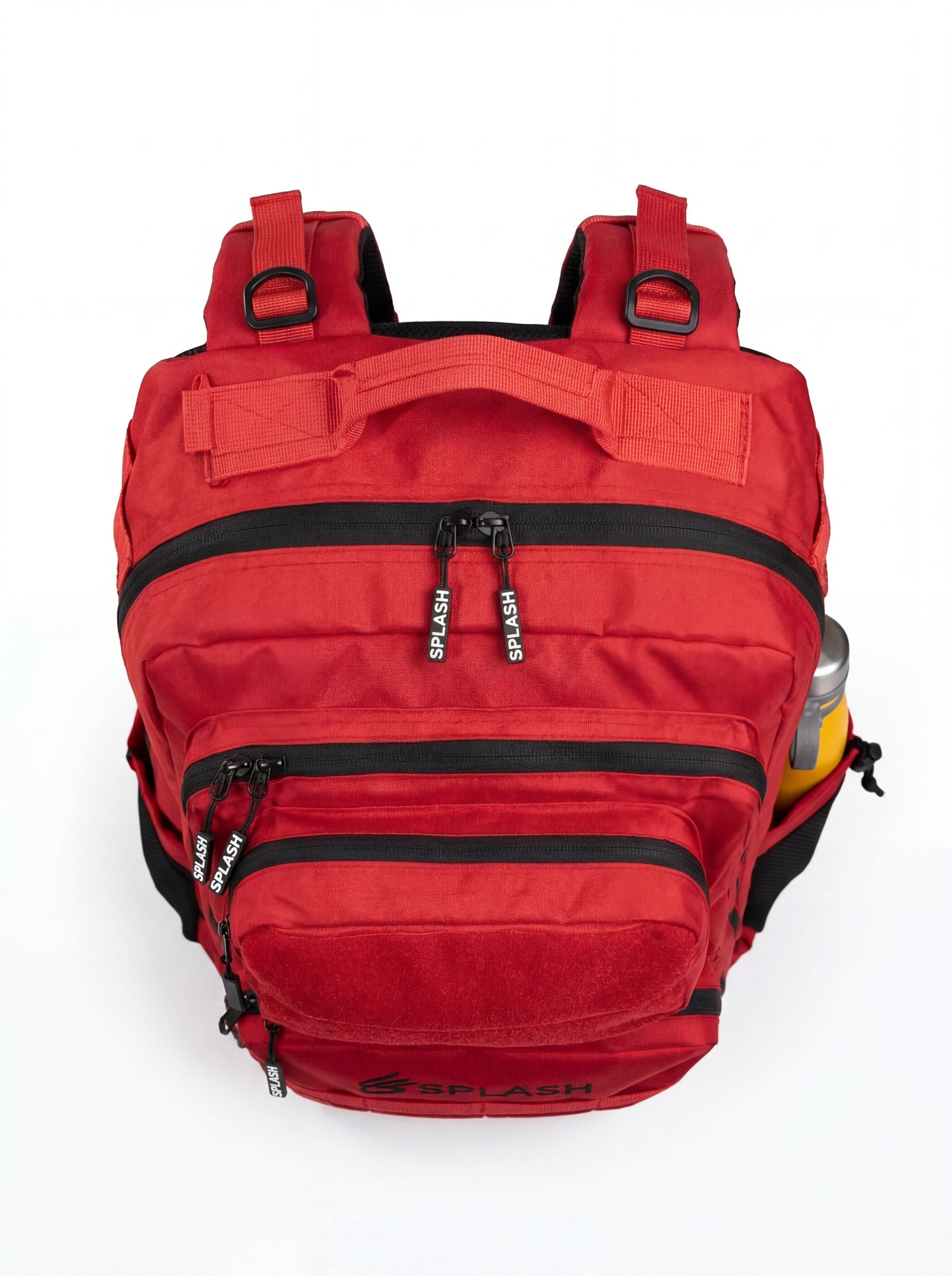 Top view of the red tactical backpack showing dual zippers and the reinforced haul handle