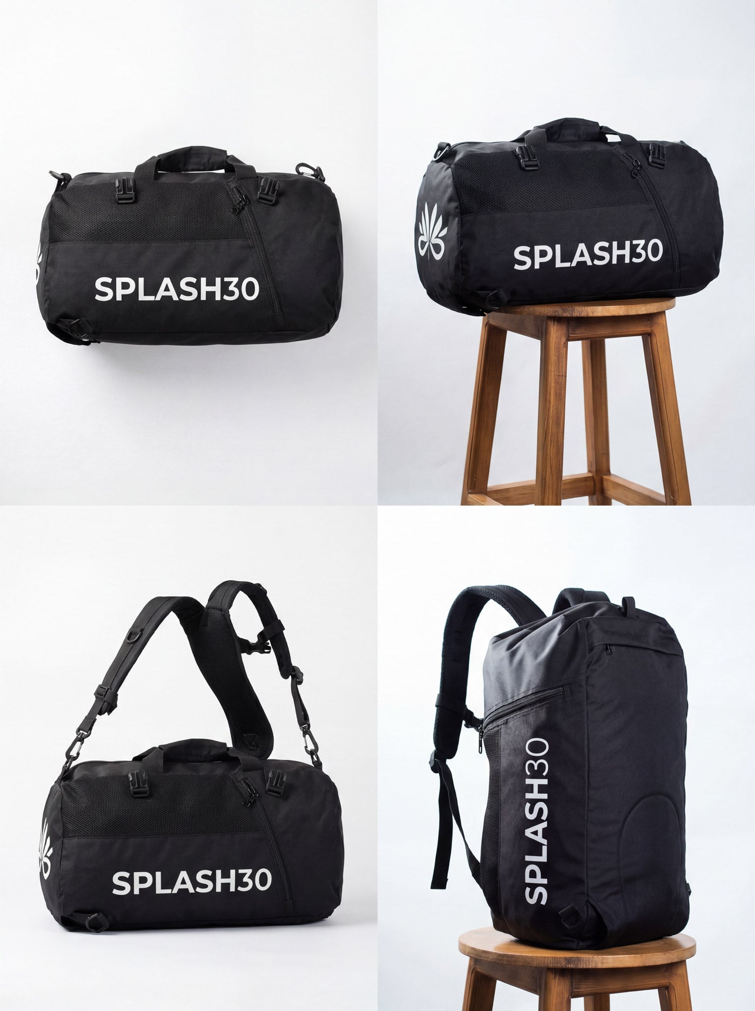 Splash30 Travel Duffle Bag 40L black shown from multiple angles