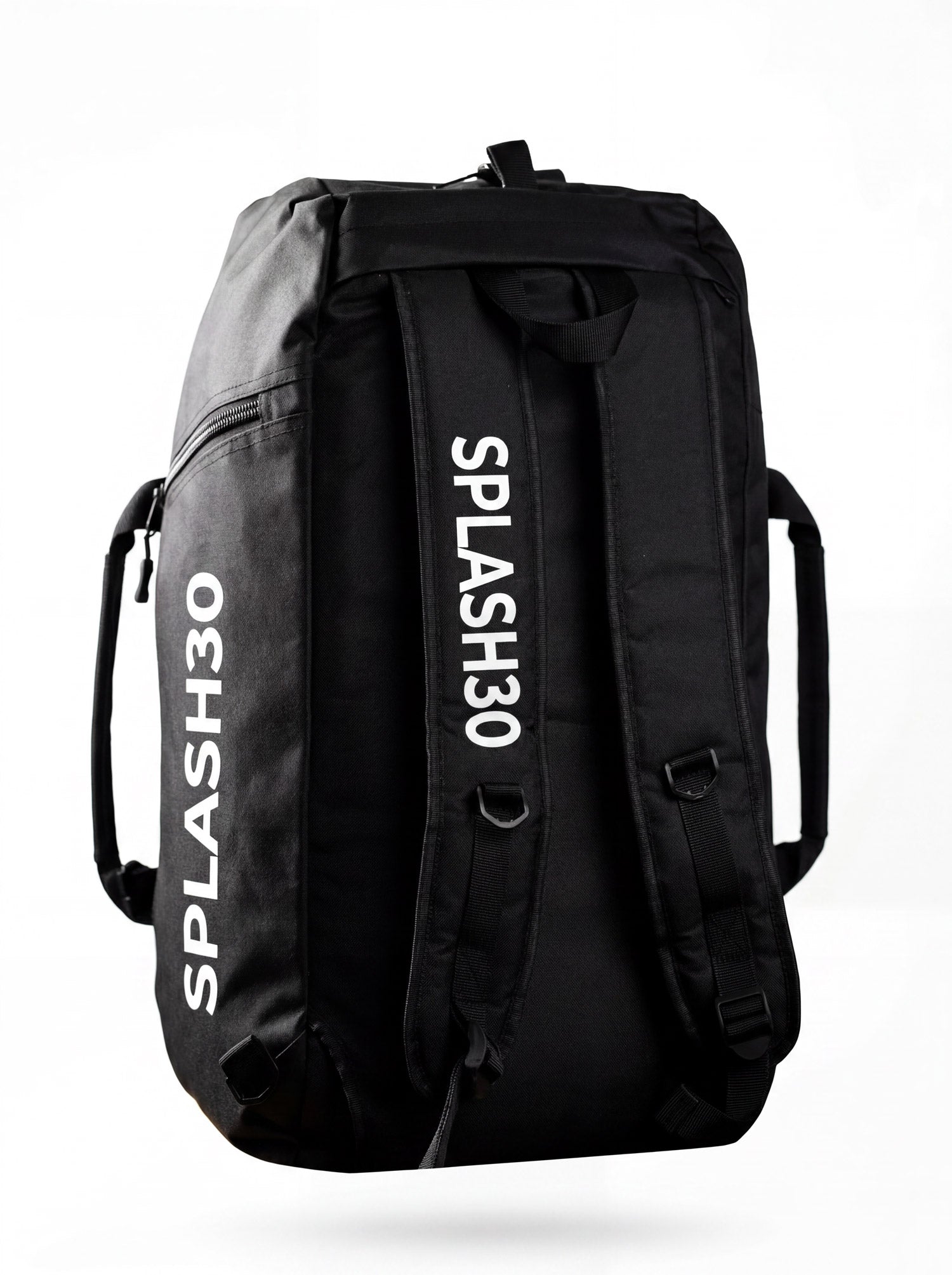 Splash30 40L duffle bag black standing upright in backpack mode
