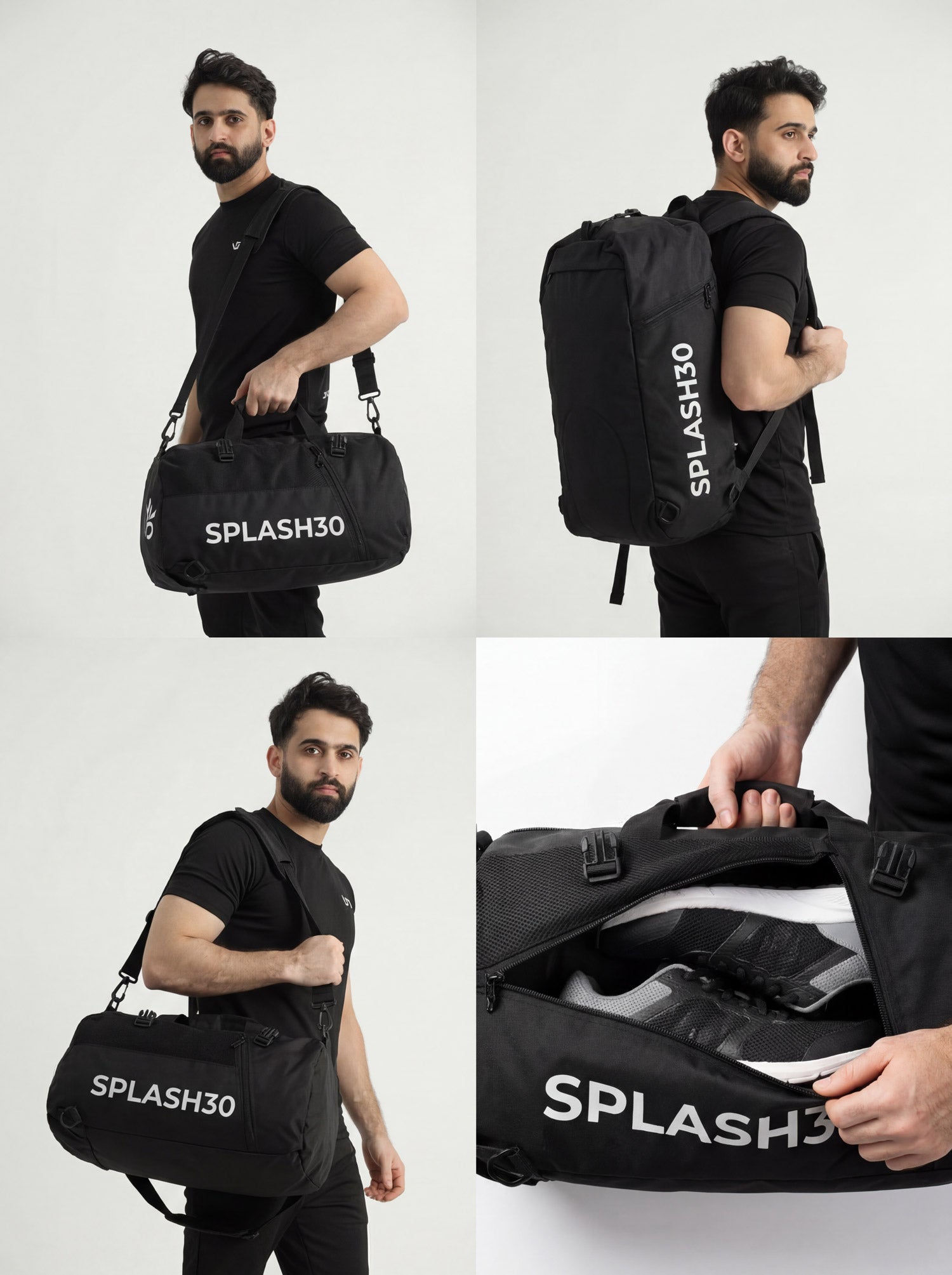 Splash30 Travel Duffle Bag 40L black lifestyle collage showing man carrying in hand, wearing as backpack, front carry, and zipper detail