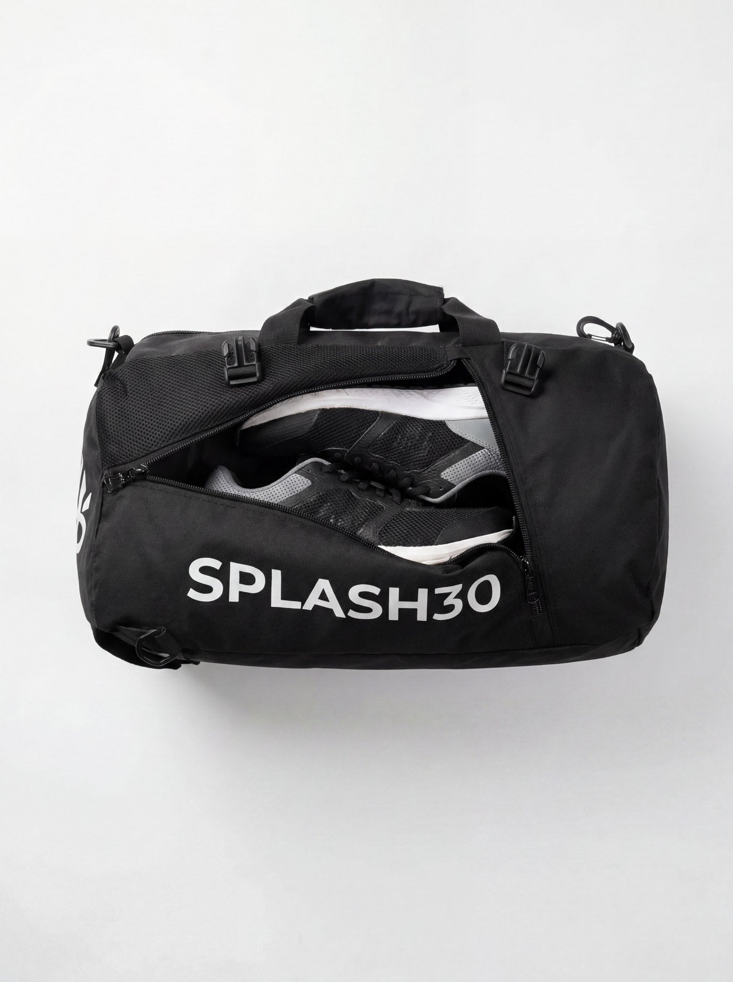 Splash30 Travel Duffle Bag 40L black top view open showing shoe compartment and interior capacity