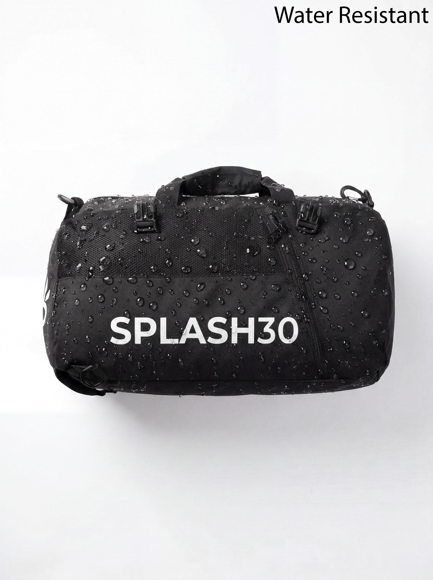 Splash30 Travel Duffle Bag 40L black water resistant test with water droplets on surface
