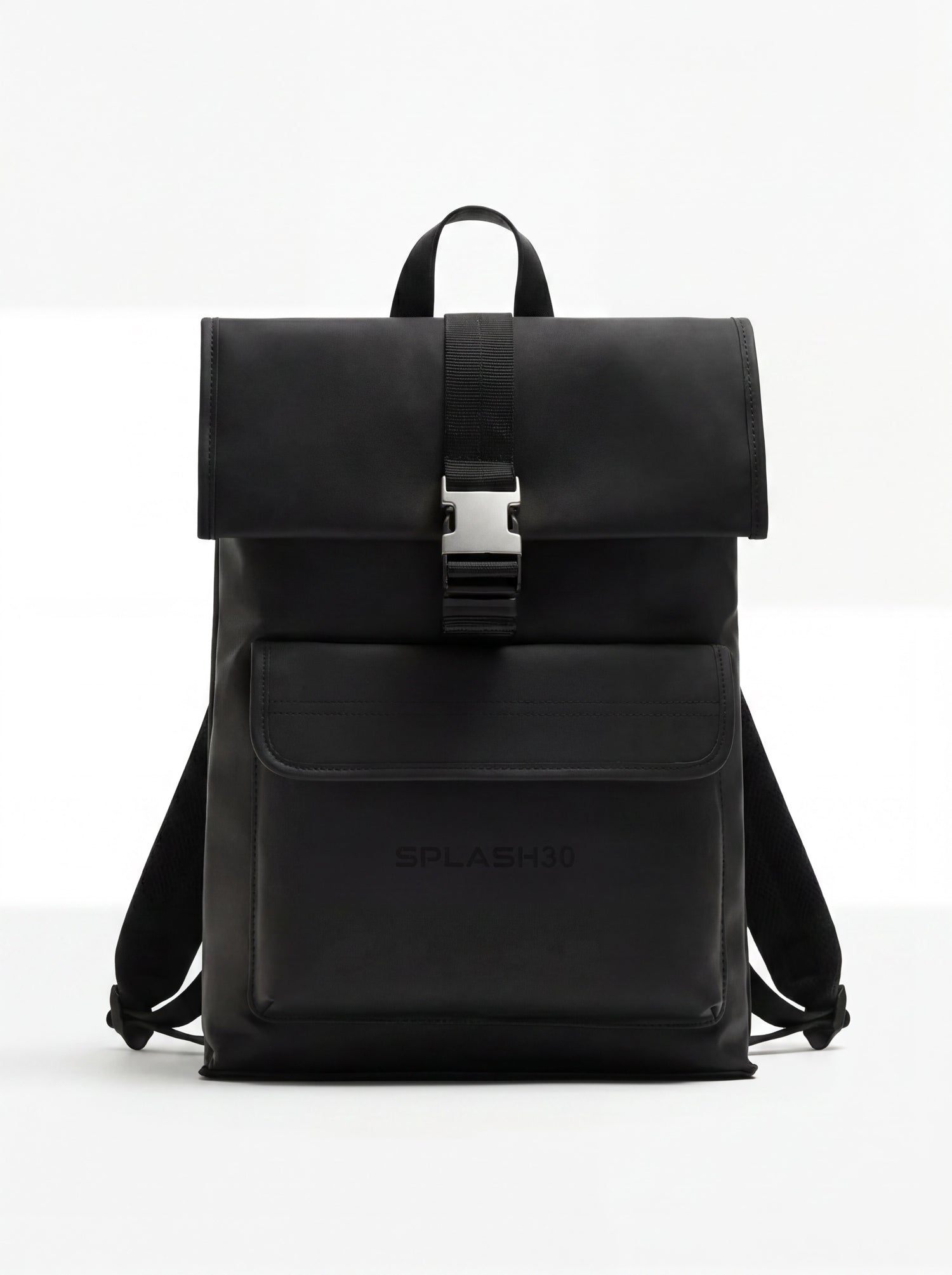 Splash30 Urban Rubberized Backpack black front angled view showing magnetic flap