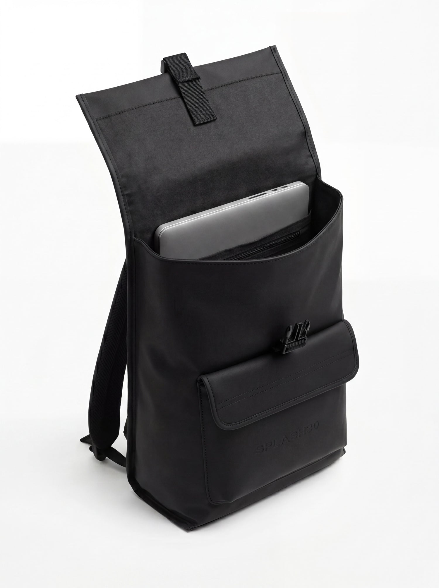 Splash30 Urban Rubberized Backpack black open showing laptop compartment